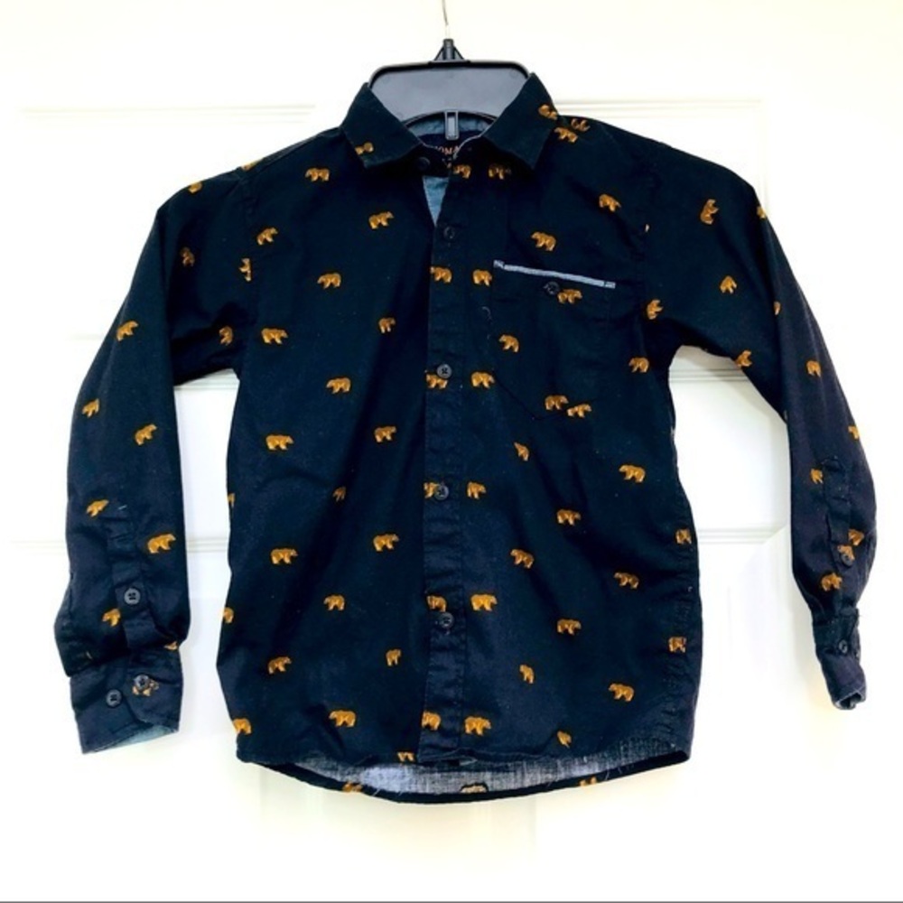 Nomad Little Boys Navy Cali Bear Woven Button Front Long Sleeve Shirt-Size 5-M